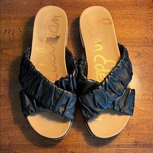 Sam Edelman Black Ruched Slide Sandals with Tan Footbed